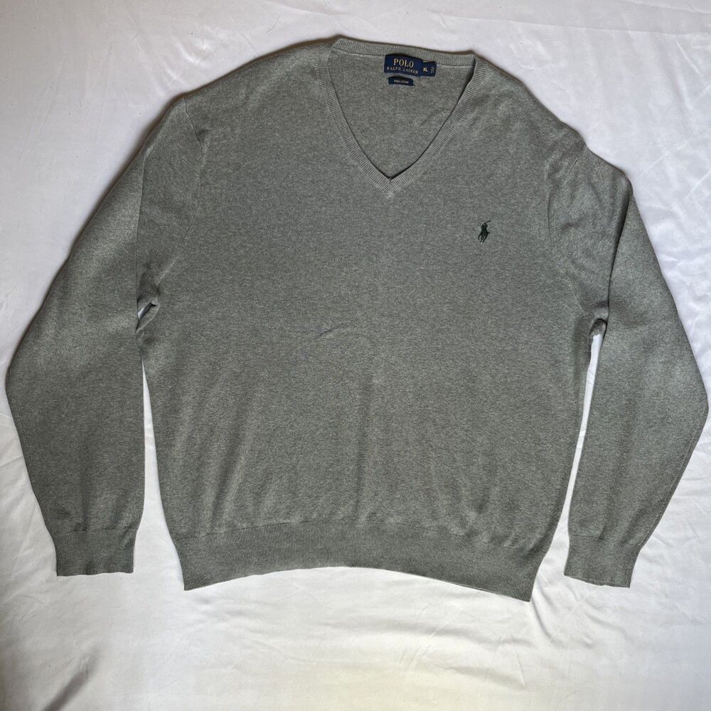 Polo Ralph Lauren Sweater Mens XL Gray V Neck Pima Cotton Pullover Pony Logo